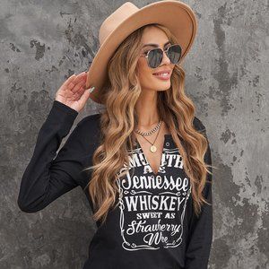 Black Casual V Neck Pullover Long Sleeve Shirt for Women